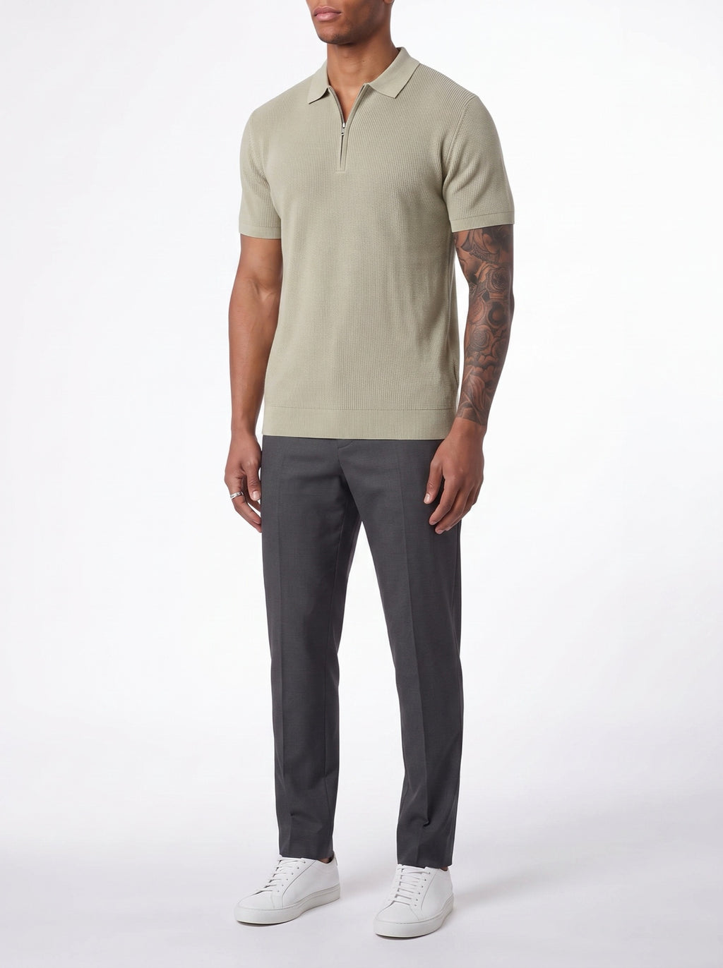 Contour Zip-Up Polo Shirt — Olive — three-quarter view