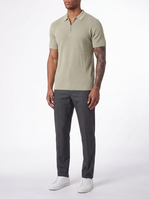 Contour Zip-Up Polo Shirt — Olive — three-quarter view