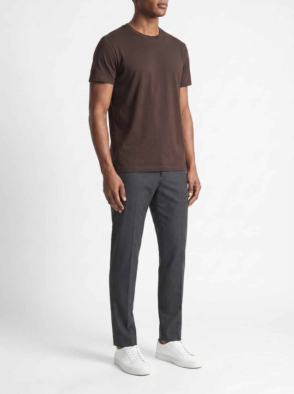 Brown slim fit crewneck T-shirt — three-quarter view