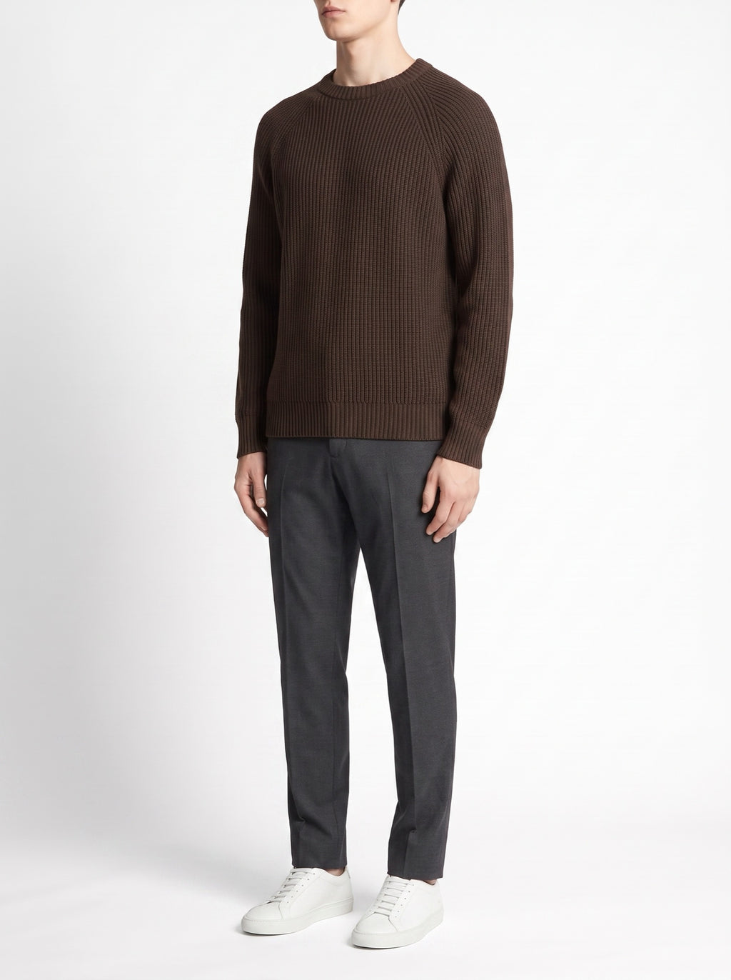 Brown English Rib Knit Crewneck — three-quarter view