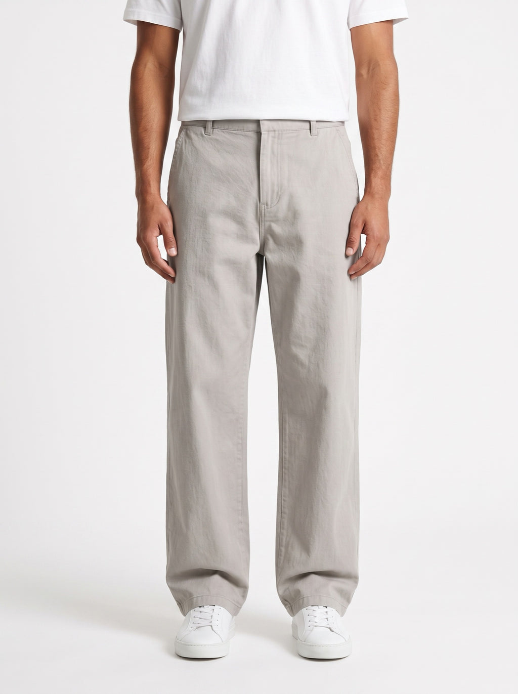 Relaxed pants with elastic waist and jeans-like look — Heather Gray — front view