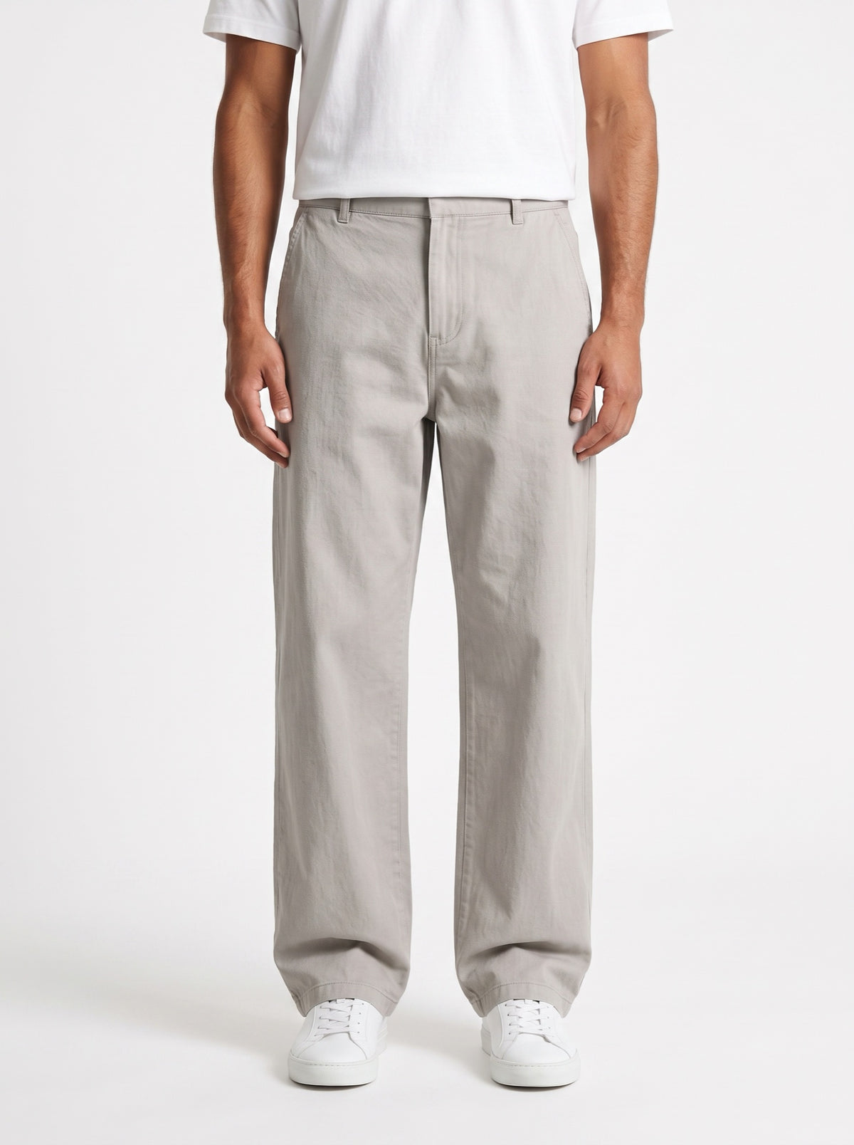 Relaxed pants with elastic waist and jeans-like look — Heather Gray — front view