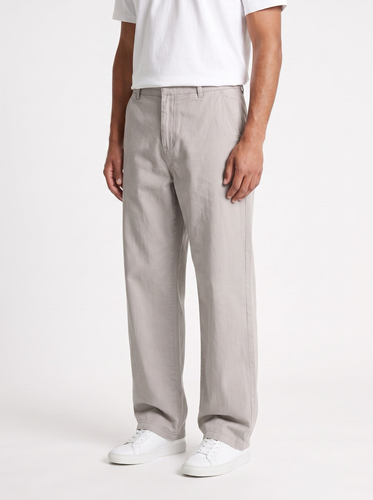 Relaxed pants with elastic waist and jeans-like look — Heather Gray — three-quarter view