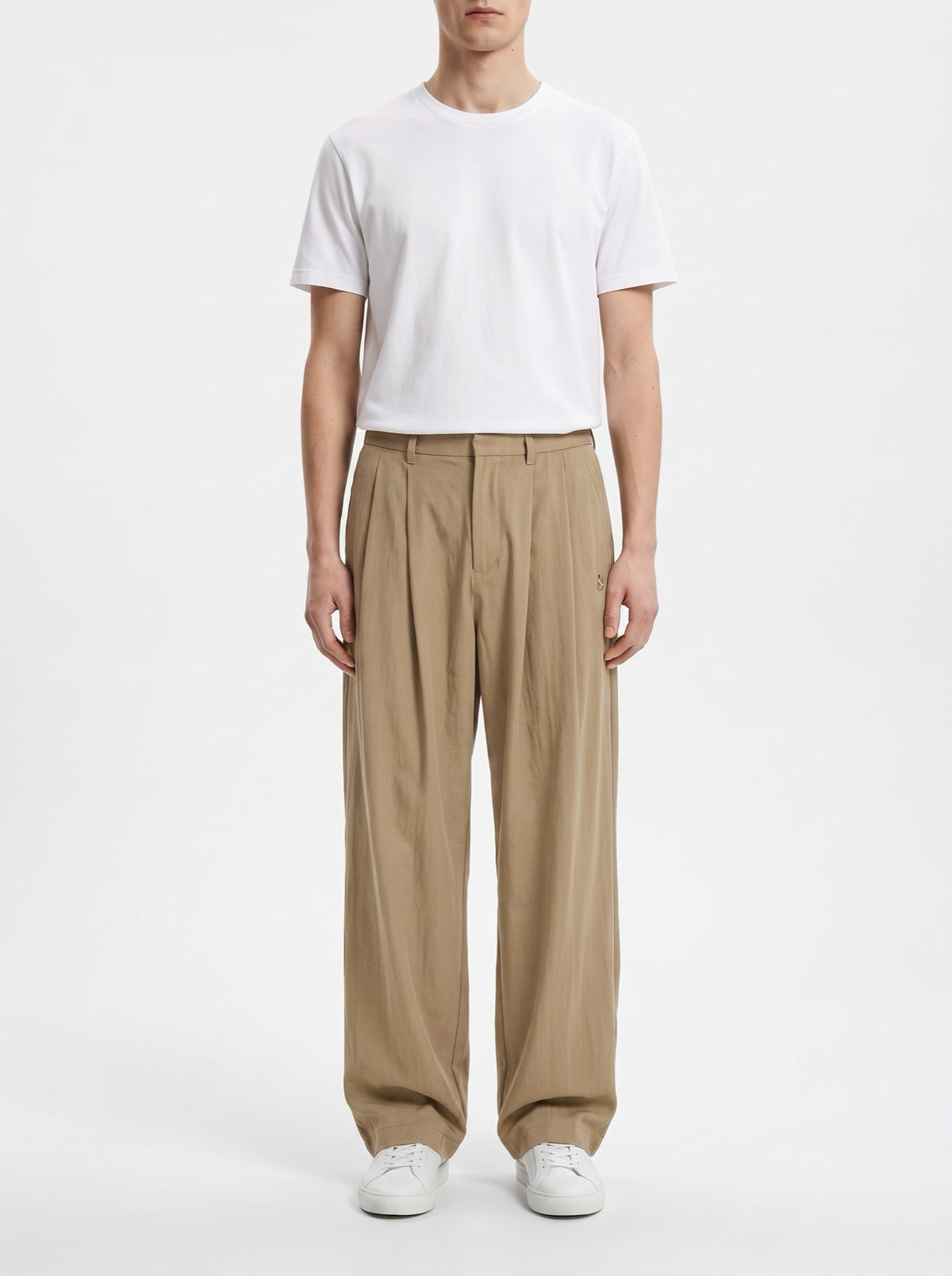 Relaxed Embroidered Wide-Leg Pants — Beige