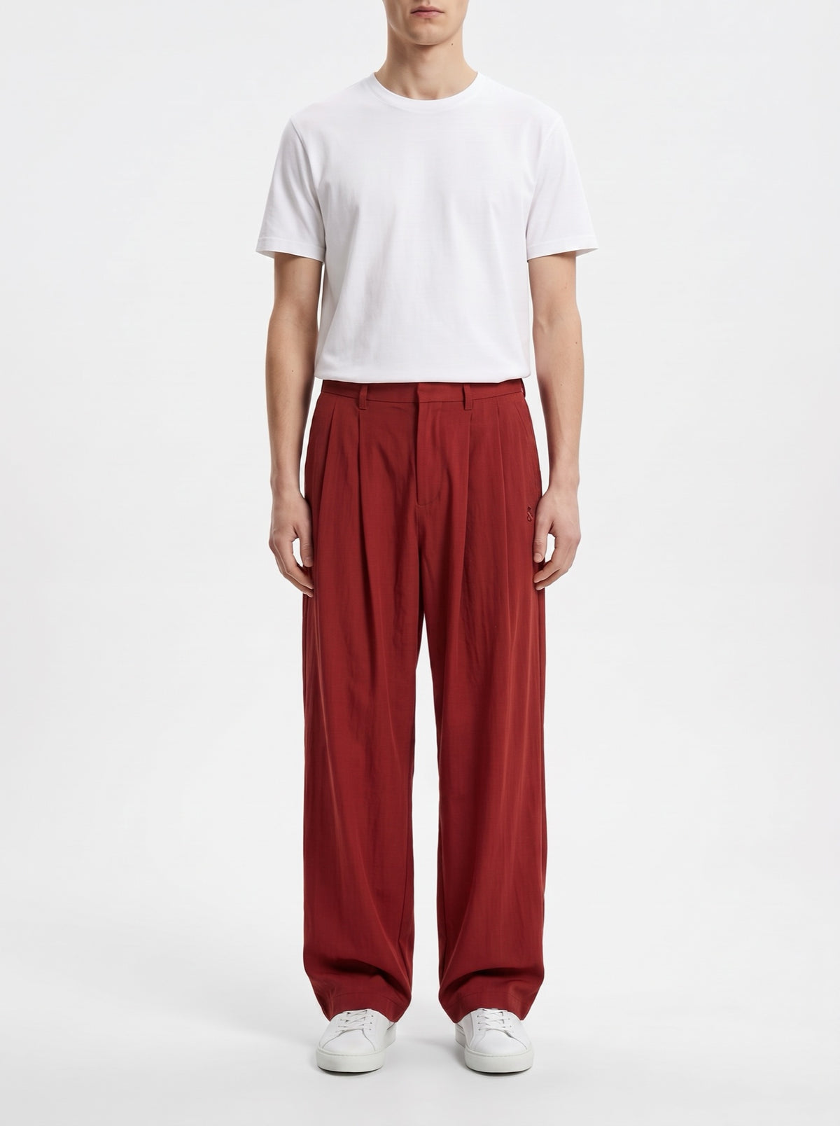 Relaxed Embroidered Wide-Leg Pants — Red