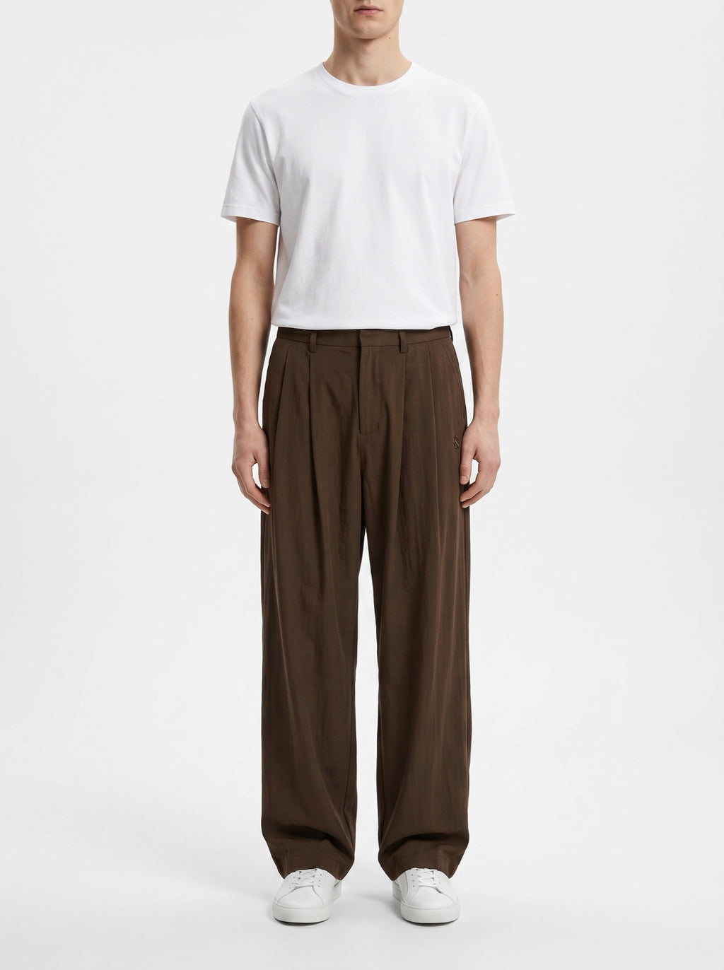 Relaxed Embroidered Wide-Leg Pants — Brown — front view